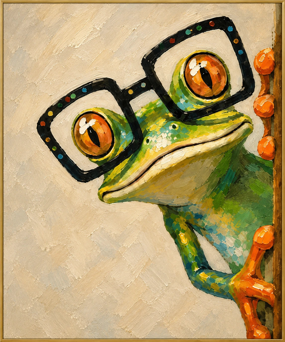 Oversized Spectacles | Hand-Painted Animal Oil Painting | Complete artwork front view with narrow champagne gold fine frame