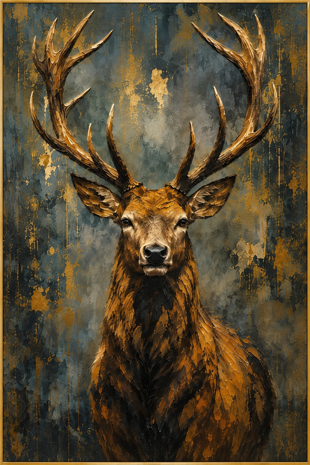 Vesper Stag | Hand-Painted Wildlife Oil Painting | Complete artwork front view with narrow champagne gold fine frame