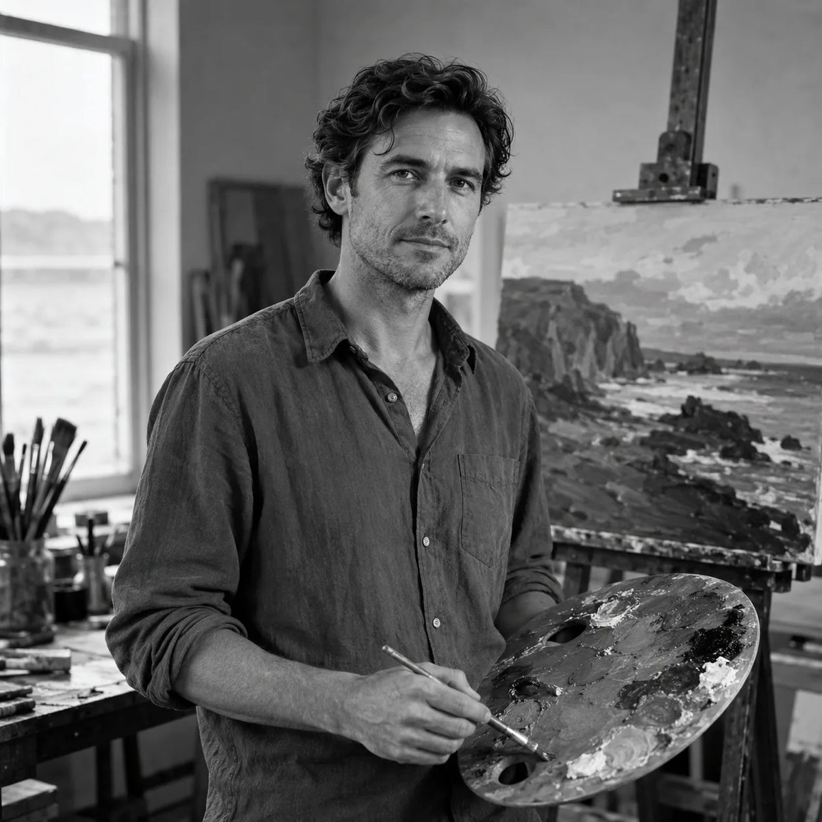 Adrian Vale standing in his painting studio beside a coastal oil painting