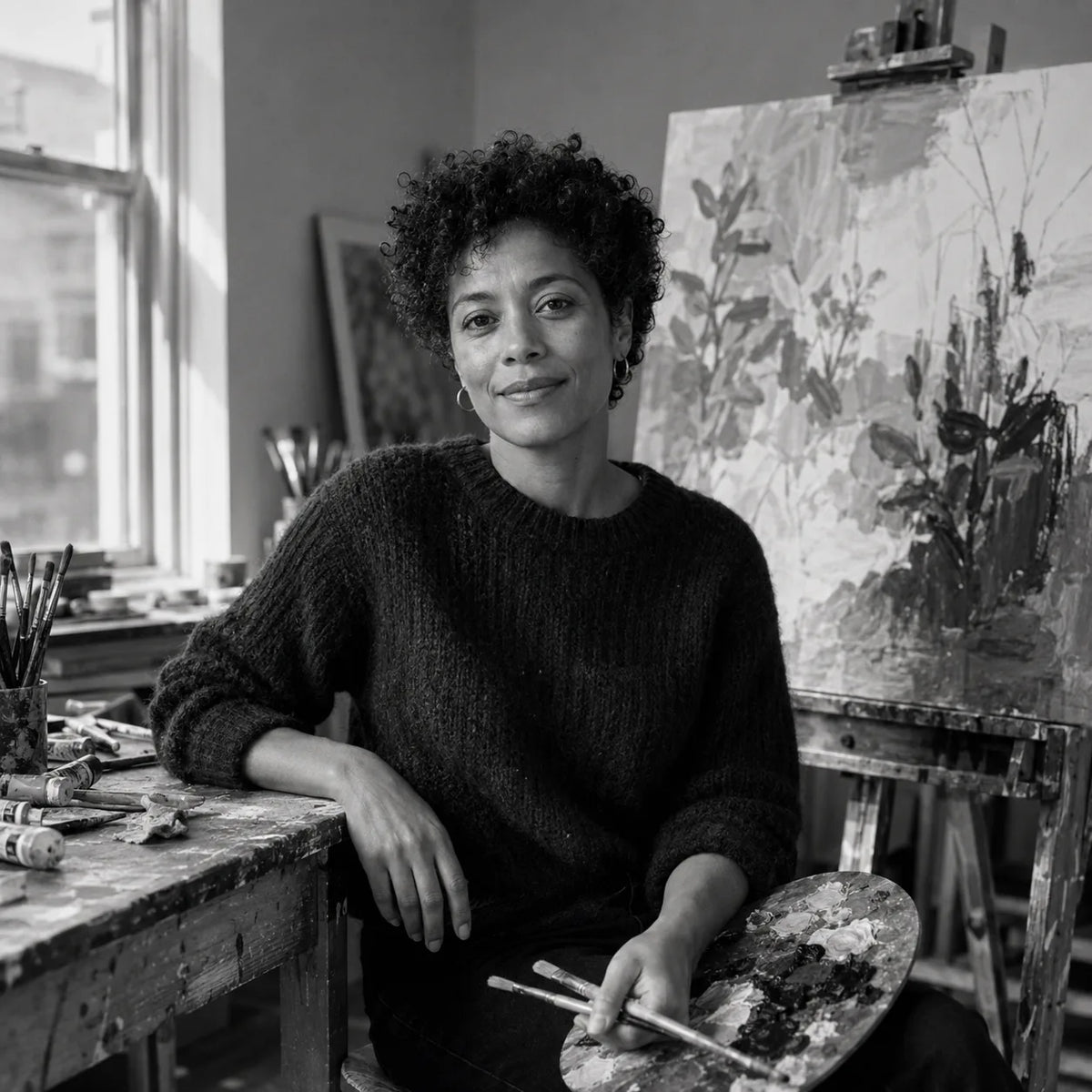 Amara Bell seated in her painting studio beside an expressive botanical painting