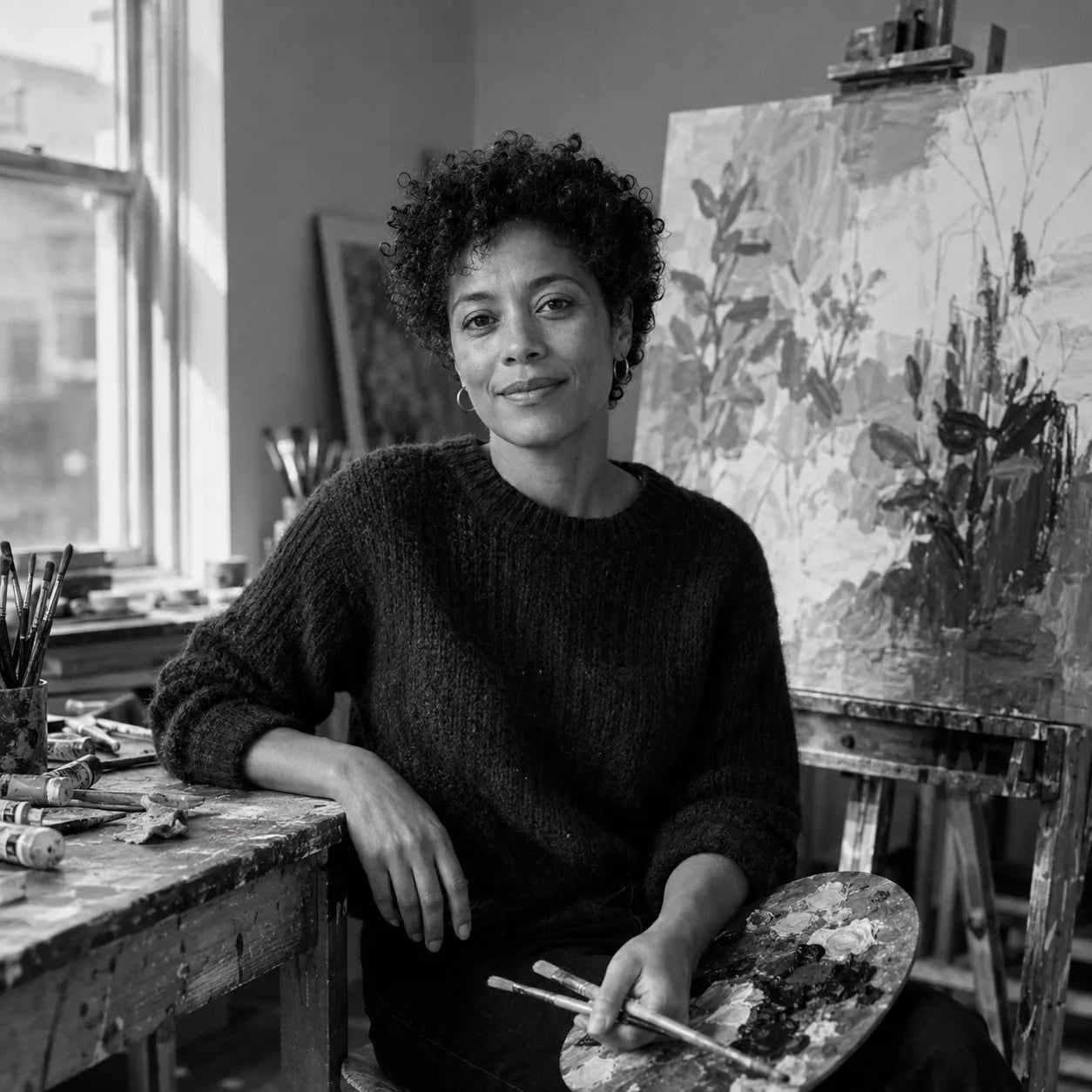 Amara Bell seated in her painting studio beside an expressive botanical painting
