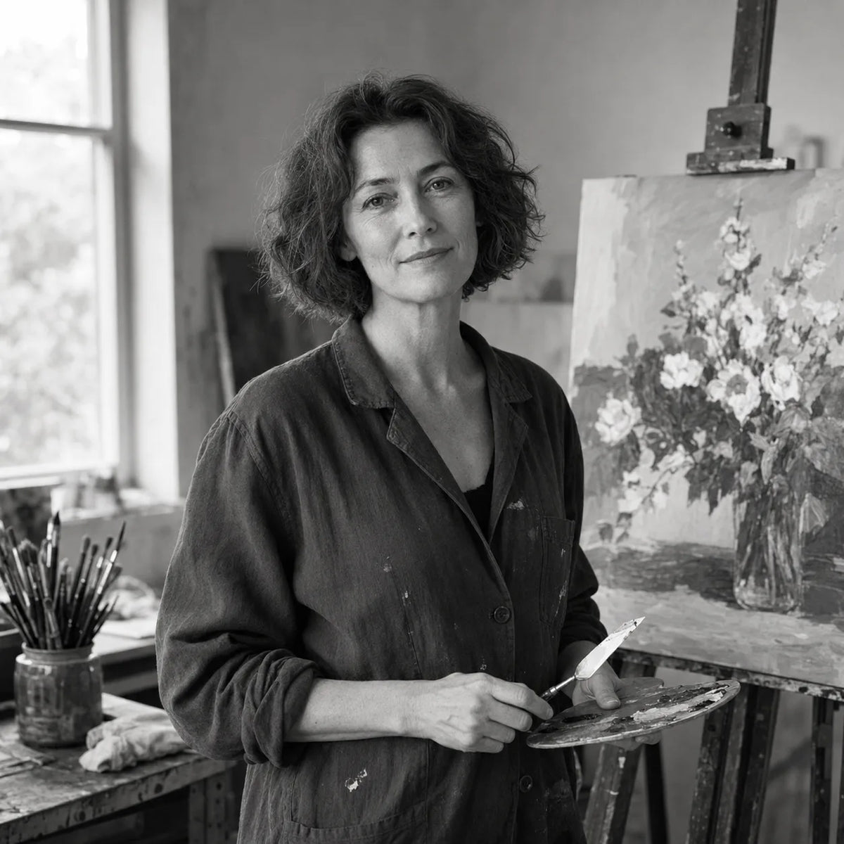 Claire Voss standing in her painting studio beside a floral still life