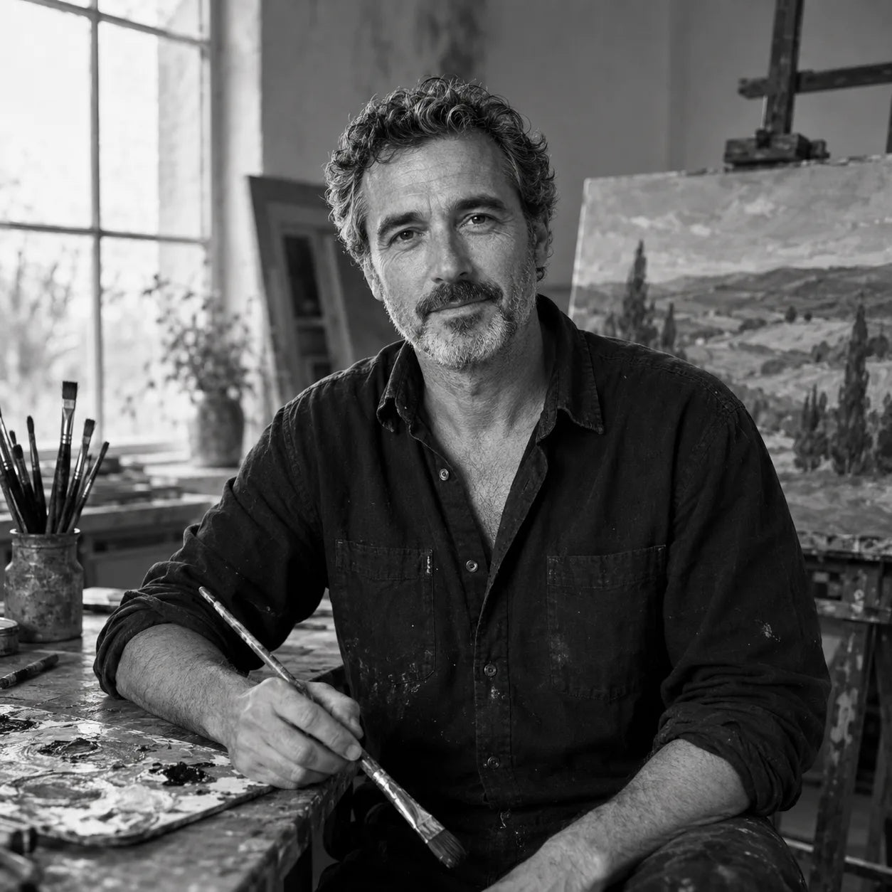 Mateo Serrán seated in his painting studio beside a warm rural landscape