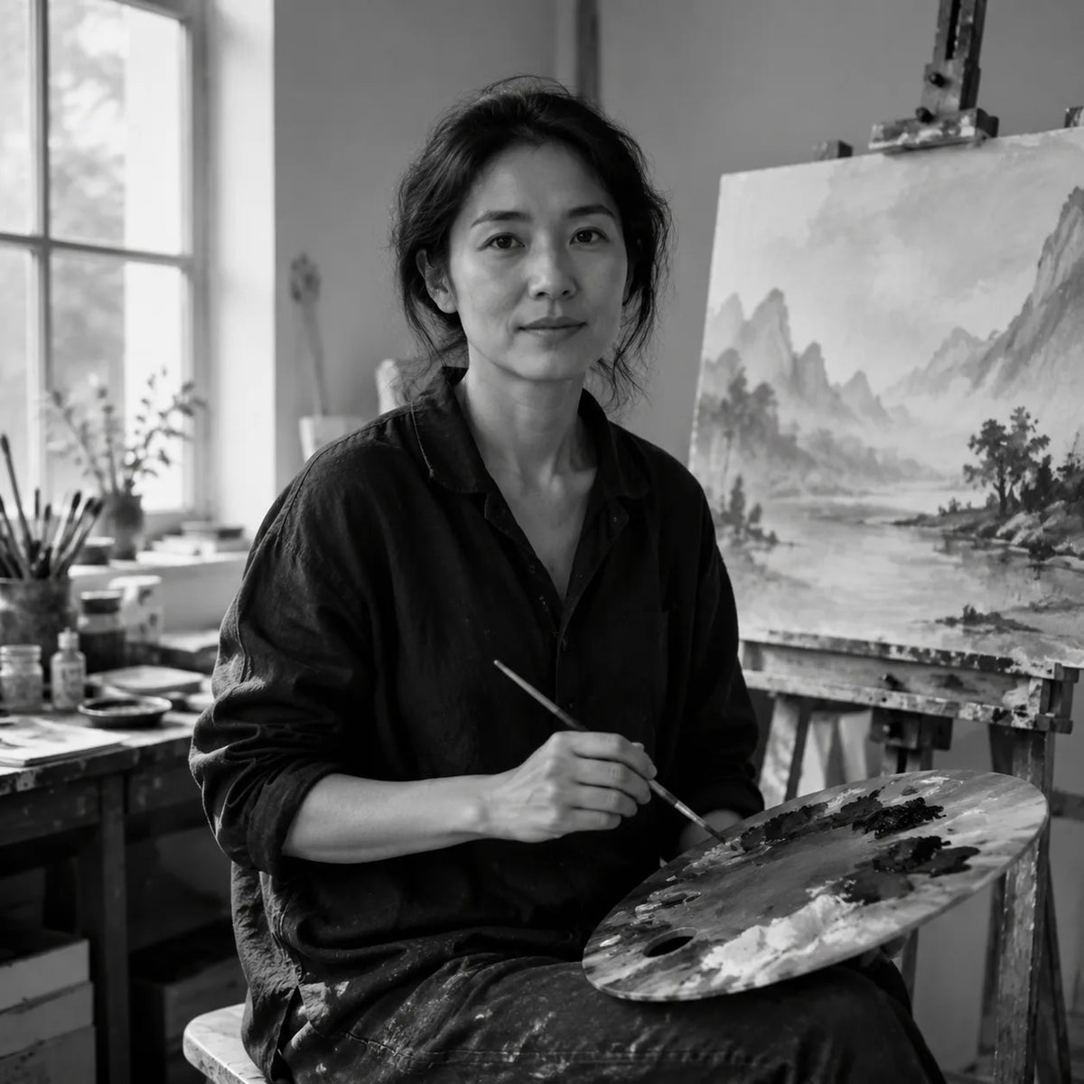 Shen Lanqing seated in her painting studio beside a misty mountain landscape