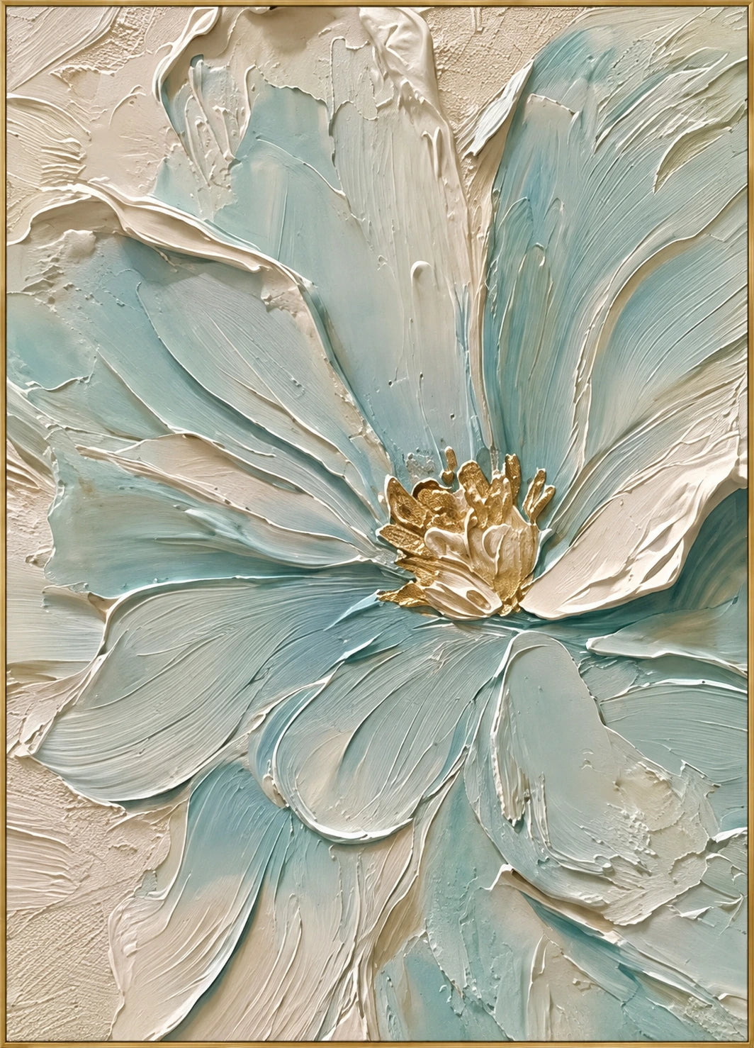 Azure Bloom | Hand-Painted Floral Oil Painting | Complete artwork front view with narrow champagne gold fine frame