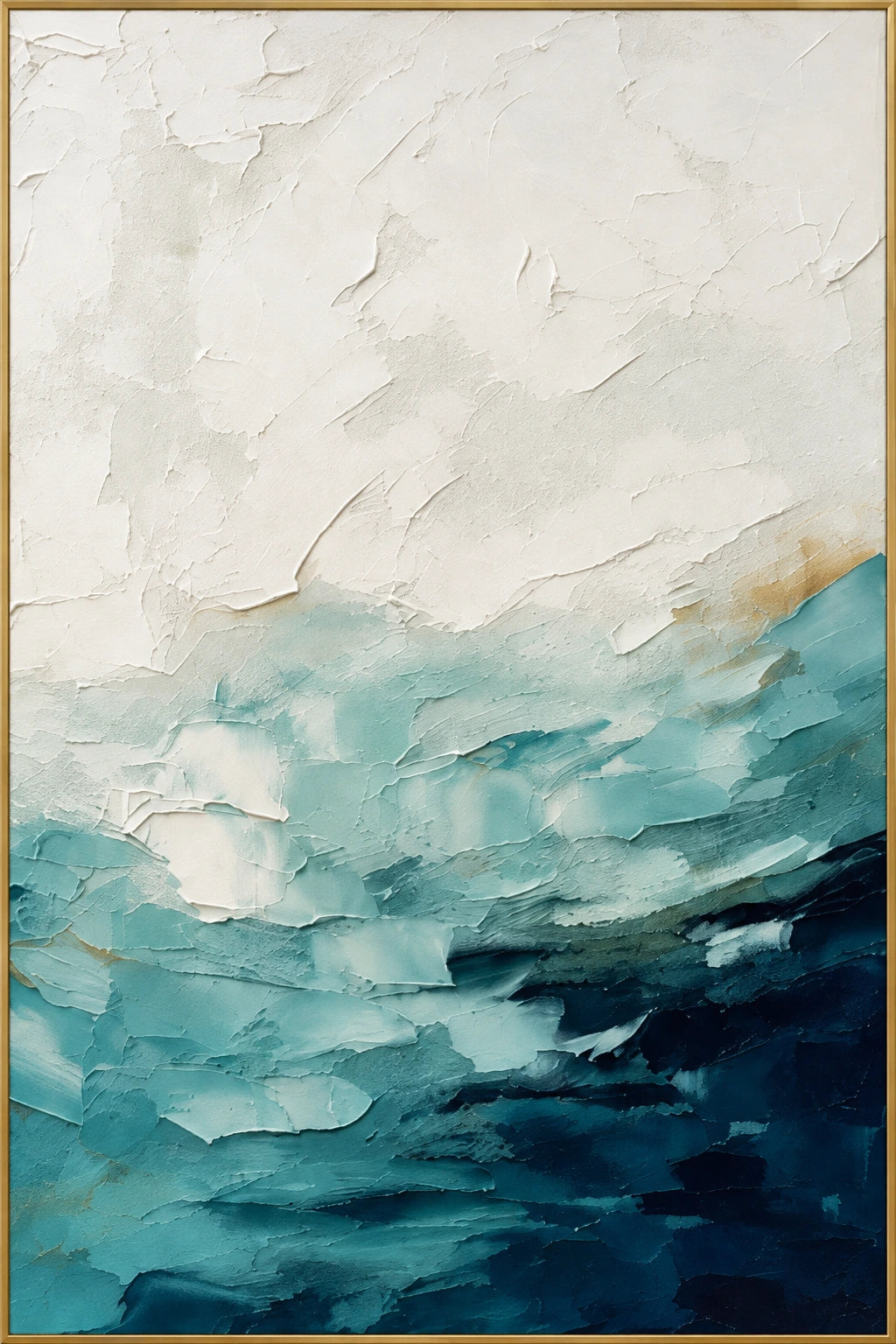 Azure Horizon | Hand-Painted Seascape Oil Painting | Complete artwork front view with narrow champagne gold fine frame