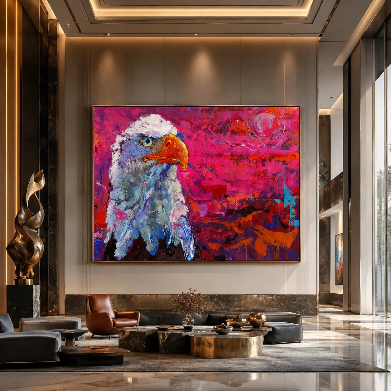 Realoilart bald eagle red background hand painted oil painting side detail