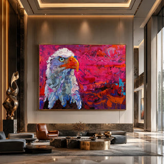 Realoilart bald eagle red background hand painted oil painting side detail