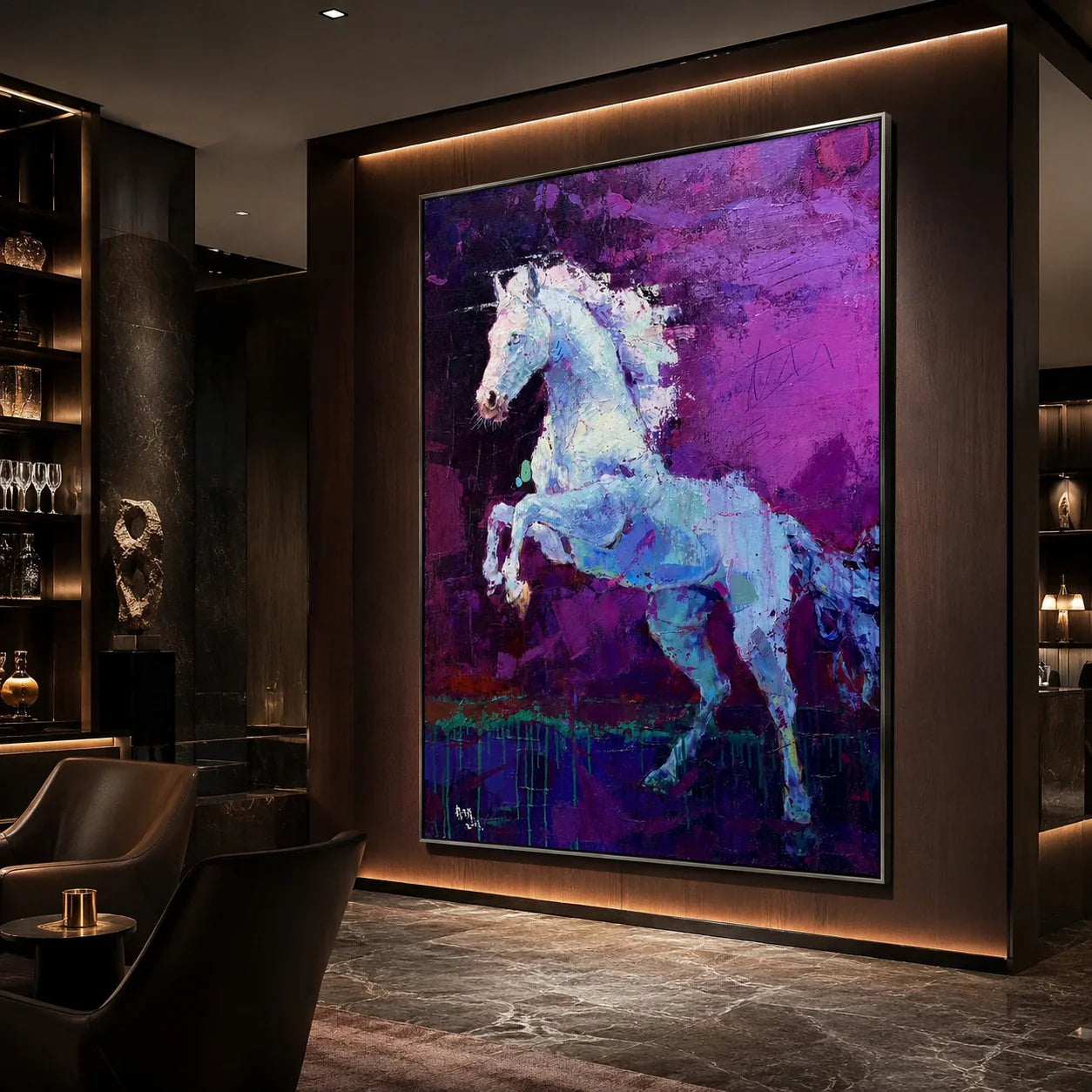 Realoilart white horse purple background hand painted oil painting detail closeup