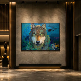 Realoilart wolf blue green background hand painted oil painting wall scene