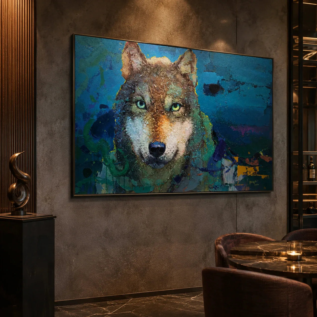 Realoilart wolf blue green background hand painted oil painting wall scene