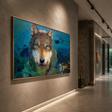 Realoilart wolf blue green background hand painted oil painting detail closeup
