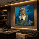 Realoilart wolf blue green background hand painted oil painting side detail