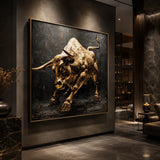 Realoilart golden bull black background hand painted oil painting space view