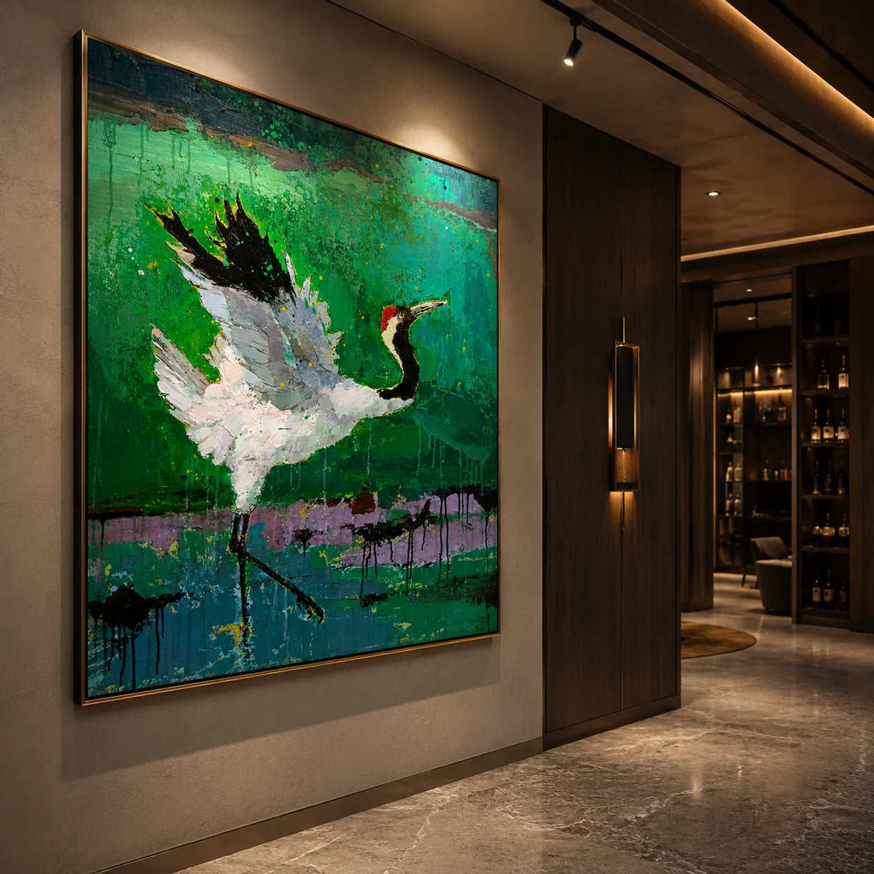 Realoilart white crane green background hand painted oil painting wall scene