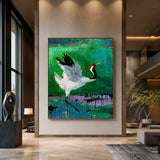 Realoilart white crane green background hand painted oil painting wall scene
