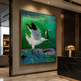 Realoilart white crane green background hand painted oil painting side detail