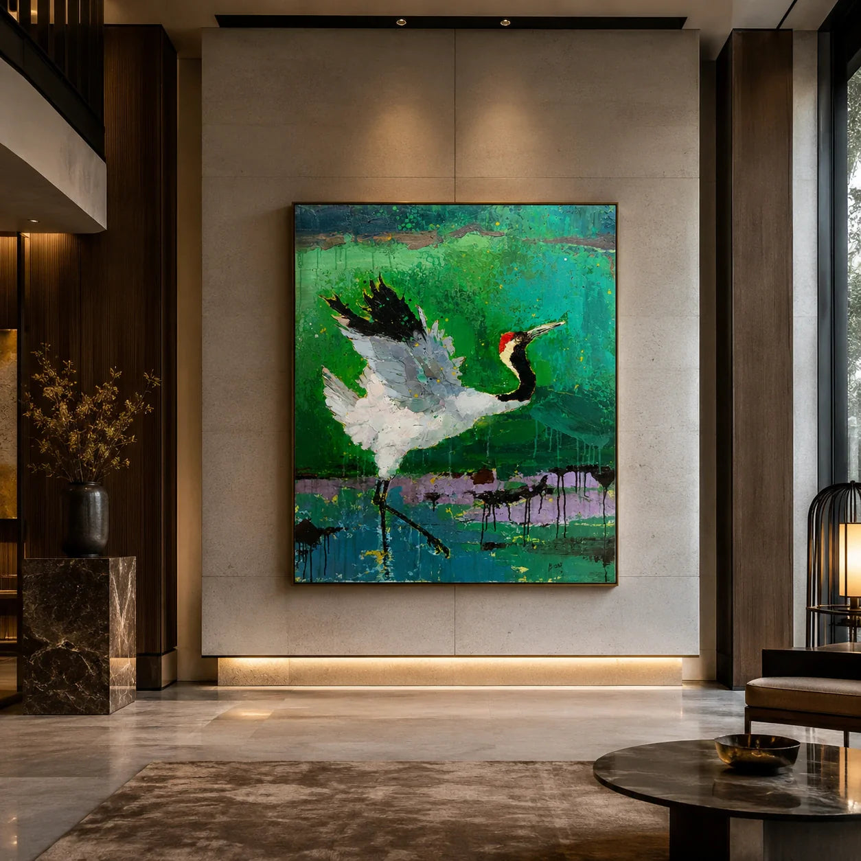 Realoilart white crane green background hand painted oil painting living room scene