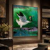 Realoilart white crane green background hand painted oil painting space view