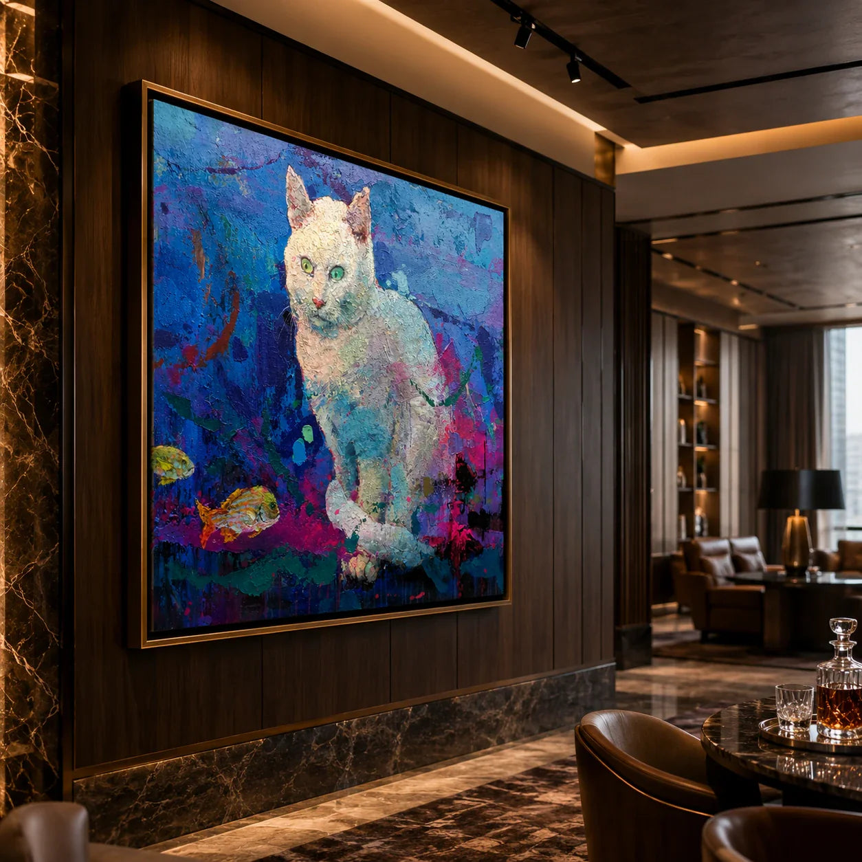 Realoilart colorful cat blue purple background hand painted oil painting wall scene
