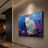 Realoilart colorful cat blue purple background hand painted oil painting detail closeup