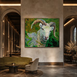 Realoilart goat green background hand painted oil painting detail closeup