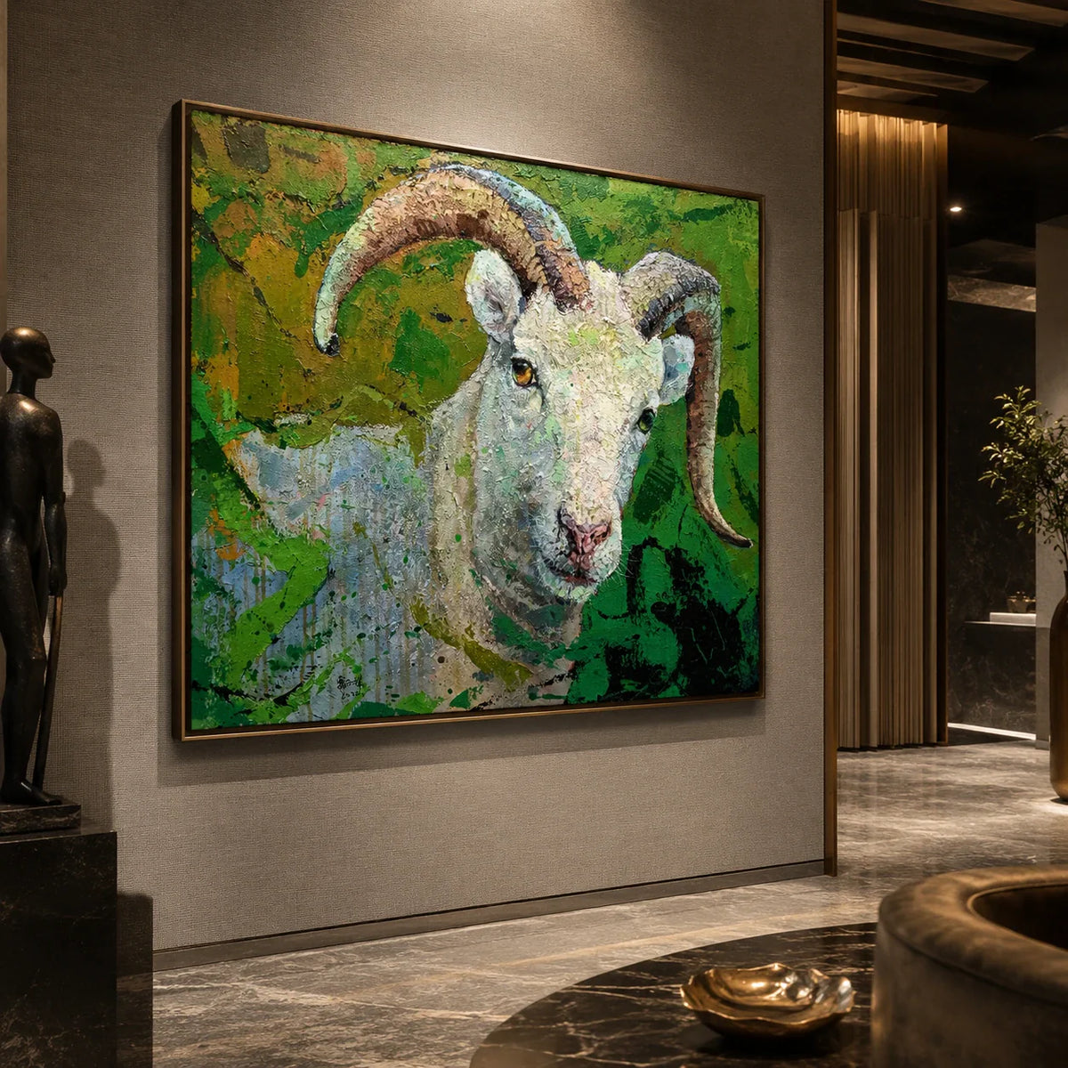 Realoilart goat green background hand painted oil painting side detail