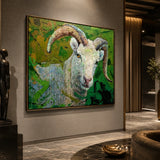 Realoilart goat green background hand painted oil painting side detail