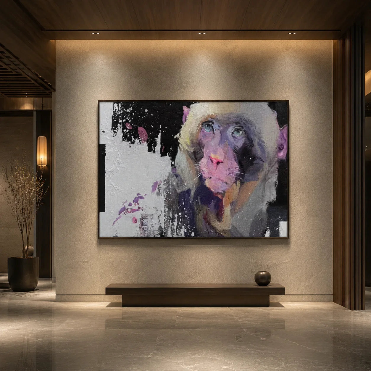 Realoilart monkey black white pink background hand painted oil painting wall scene