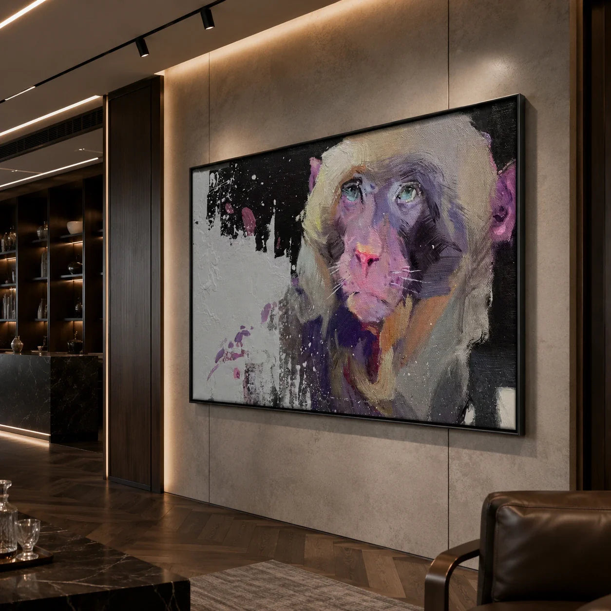 Realoilart monkey black white pink background hand painted oil painting wall scene