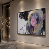 Realoilart monkey black white pink background hand painted oil painting side detail