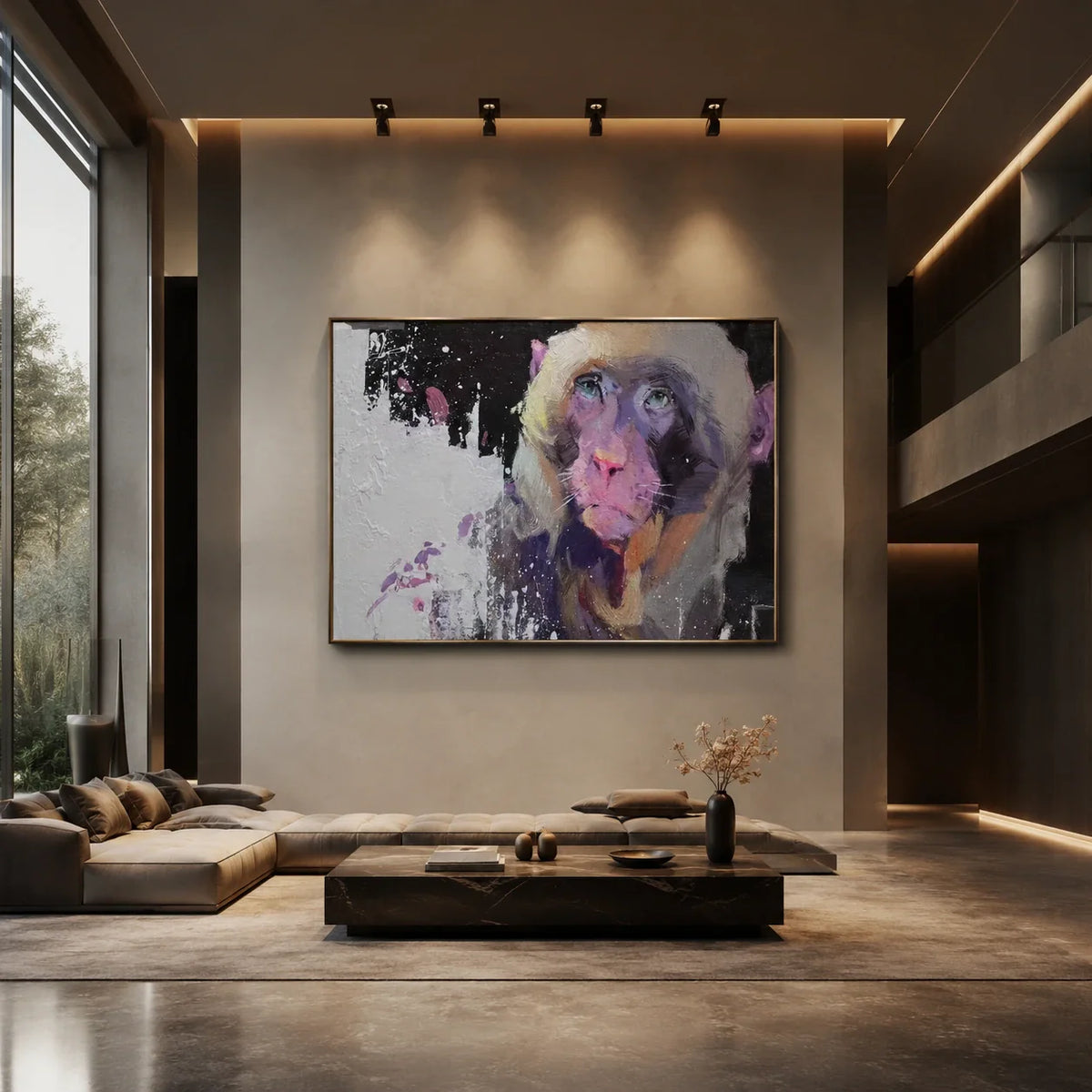 Realoilart monkey black white pink background hand painted oil painting living room scene