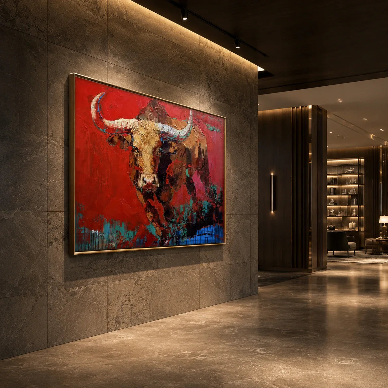 Realoilart bull red background hand painted oil painting detail closeup