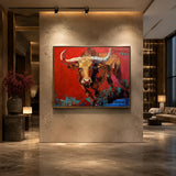 Realoilart bull red background hand painted oil painting side detail