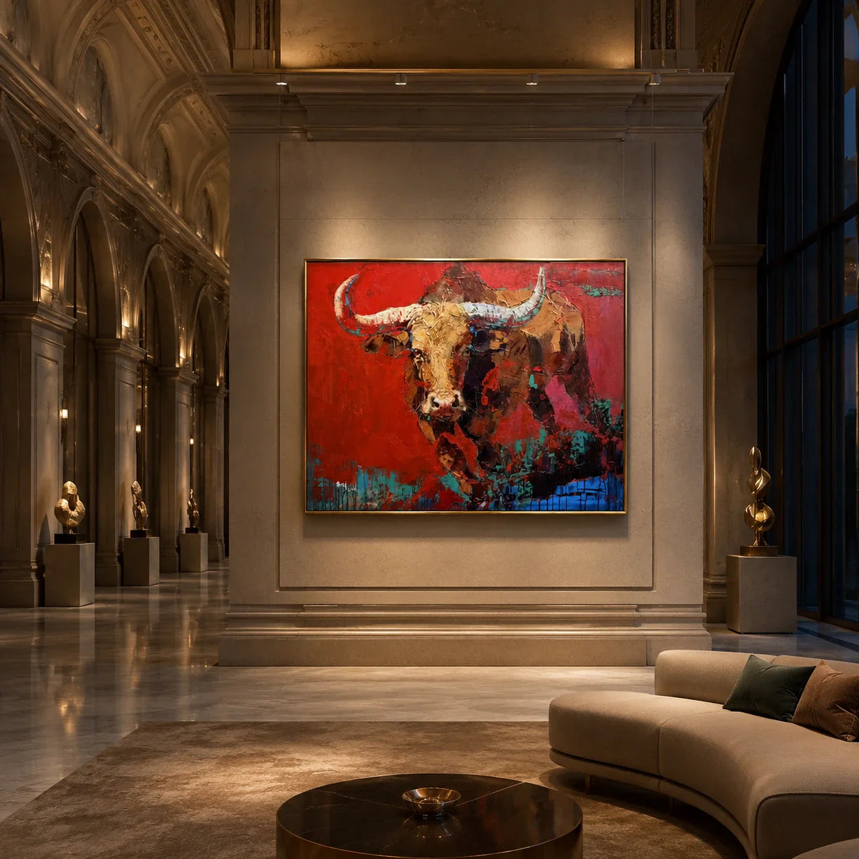 Realoilart bull red background hand painted oil painting living room scene