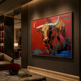 Realoilart bull red background hand painted oil painting space view