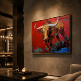 Realoilart bull red background hand painted oil painting space view