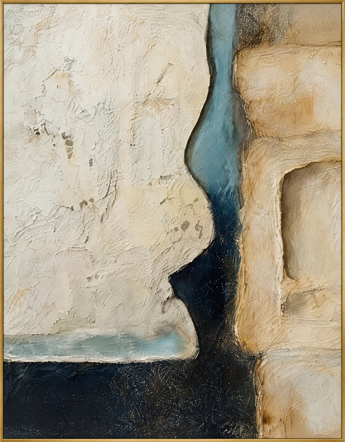 Blue Fault Line | Hand-Painted Abstract Oil Painting | Complete artwork front view with narrow champagne gold fine frame