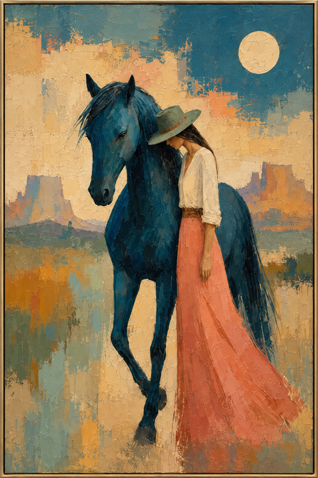 Blue Hour Bond | Hand-Painted Horse and Western Figure Oil Painting | Complete painting, narrow champagne bronze-gold frame, front view