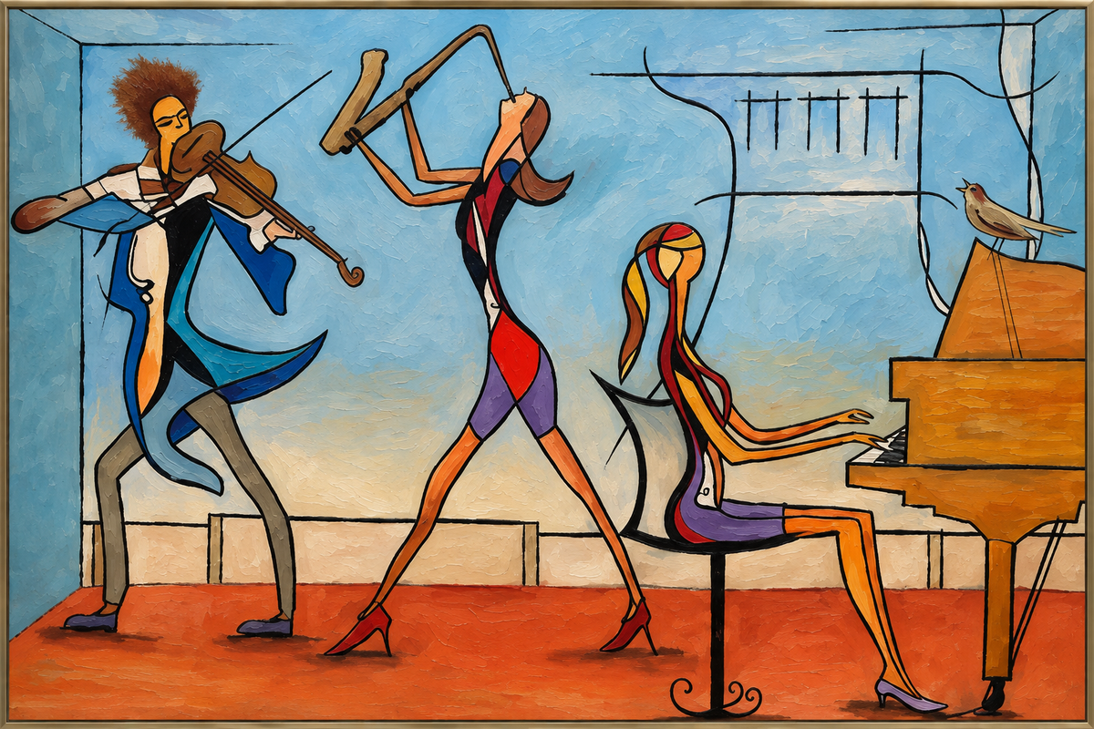 Blue Room Trio | Hand-Painted Music Oil Painting | Complete painting, narrow champagne bronze-gold frame, front view