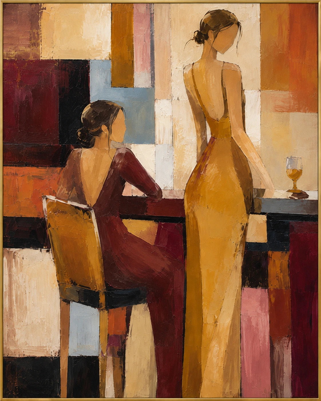 Bar Duet | Hand-Painted Figurative Oil Painting | Complete artwork front view with narrow champagne gold fine frame