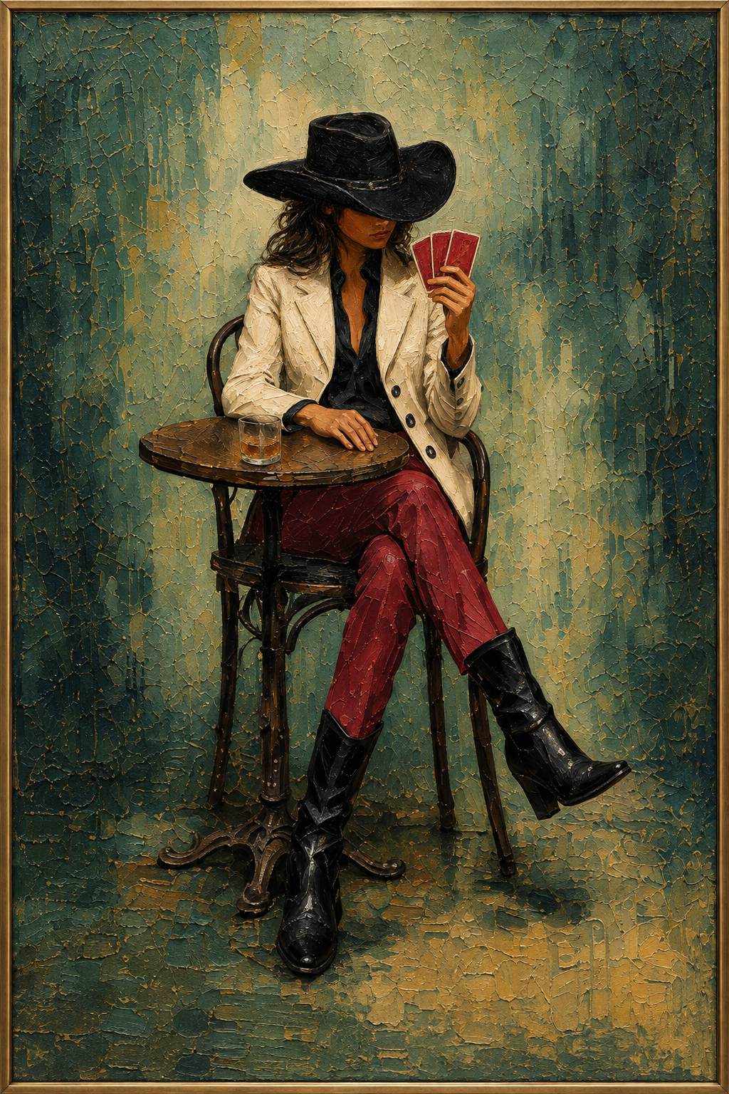 Scarlet Wait | Hand-Painted Seated Cowgirl Oil Painting | Complete painting, narrow champagne bronze-gold frame, front view