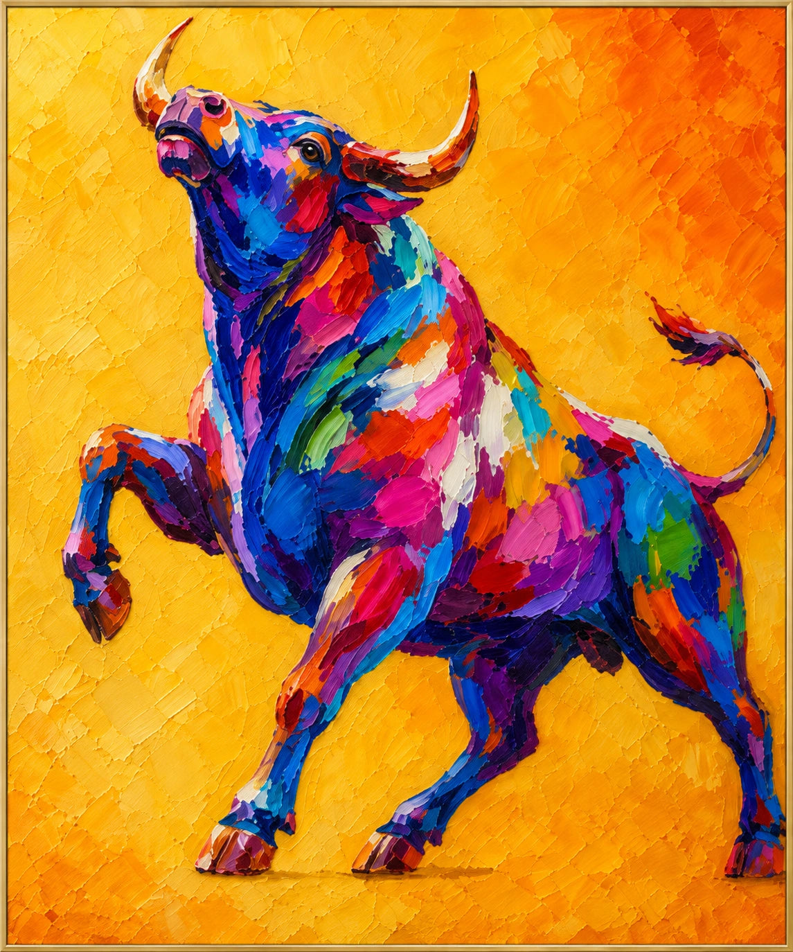 Electric Bull | Hand-Painted Bull Oil Painting | Complete artwork front view with narrow champagne gold fine frame