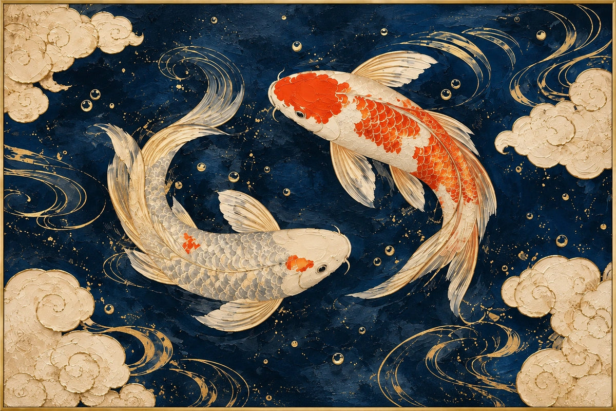 Celestial Koi | Hand-Painted Koi Oil Painting | Complete artwork front view with narrow champagne gold fine frame