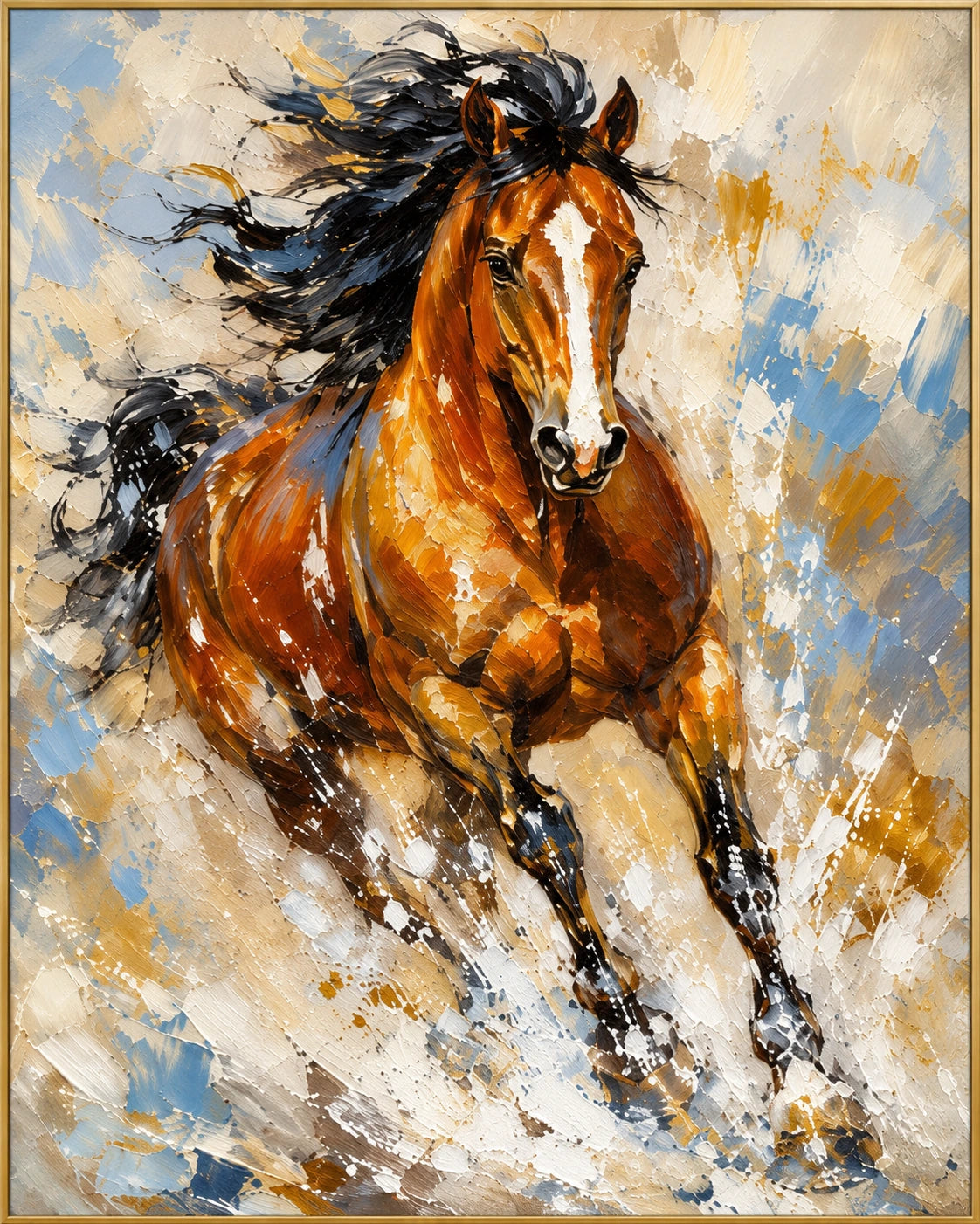 Chestnut in Motion | Hand-Painted Horse in Motion Oil Painting | Complete artwork front view with narrow champagne gold fine frame