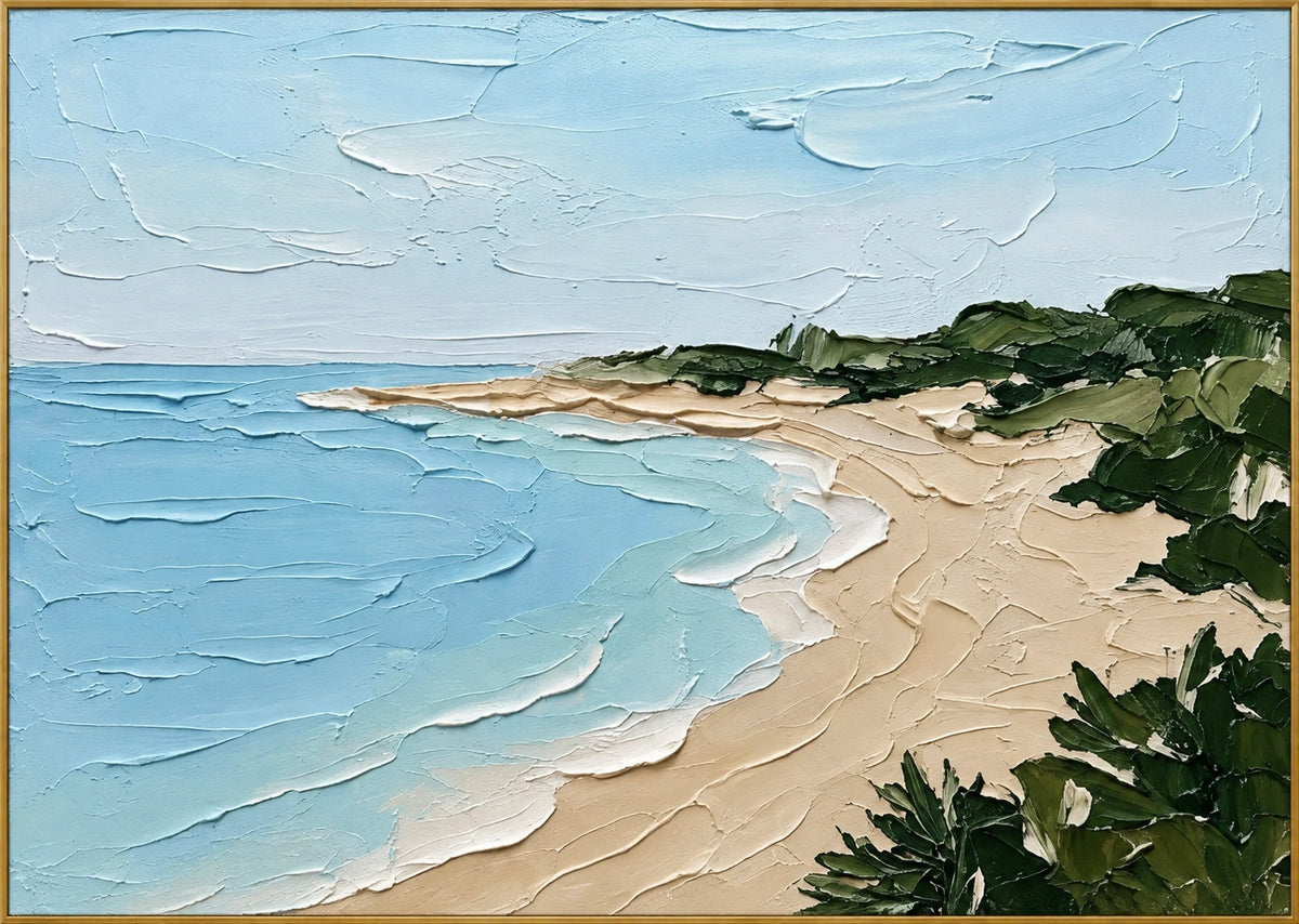 Coastal Calm | Hand-Painted Coastal Landscape Oil Painting | Complete artwork front view with narrow champagne gold fine frame