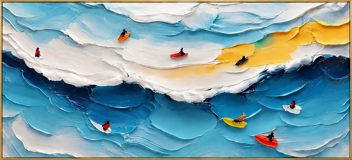 Red Sun | Hand-Painted Seascape Oil Painting | Complete artwork front view with narrow champagne gold fine frame