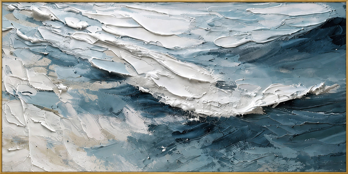 Coastal Surge | Hand-Painted Seascape Oil Painting | Complete artwork front view with narrow champagne gold fine frame