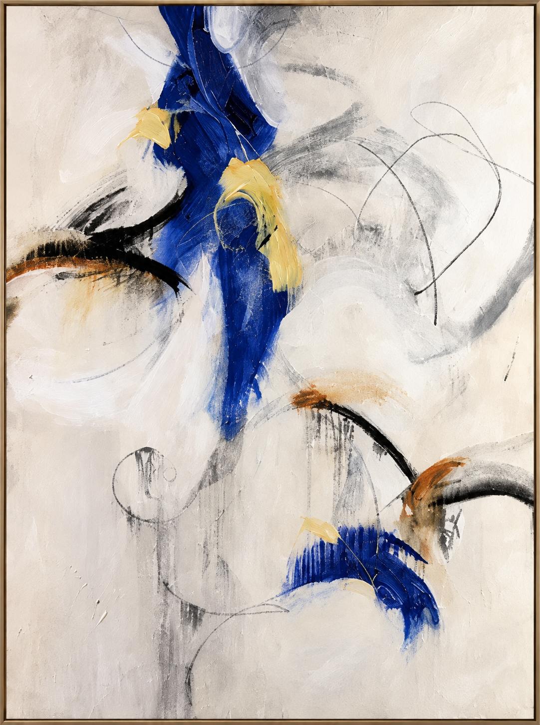 Cobalt Turn | Hand-Painted Abstract Oil Painting | Complete painting, narrow champagne bronze-gold frame, front view