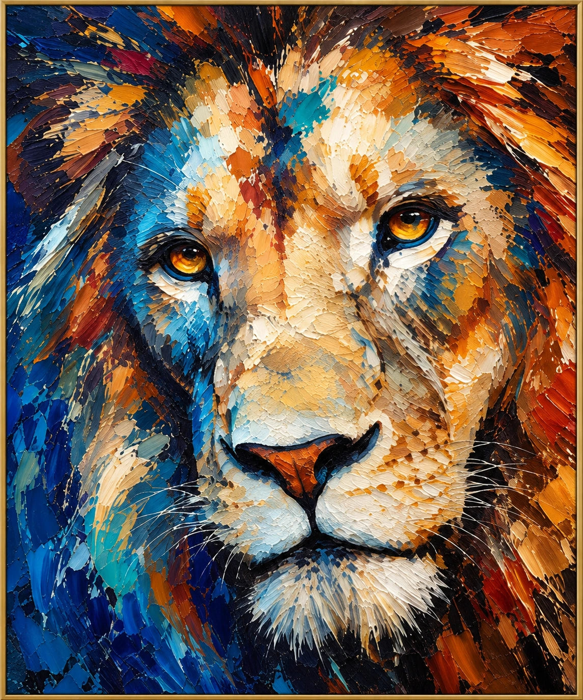 Cobalt Lion | Hand-Painted Wildlife Oil Painting | Complete artwork front view with narrow champagne gold fine frame